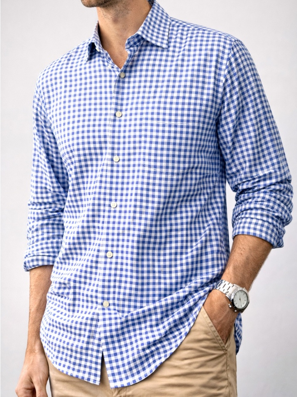 David Donahue MENS Checkered Button Front Long Sleeve Shirt Blue Size 17 | 36/37
